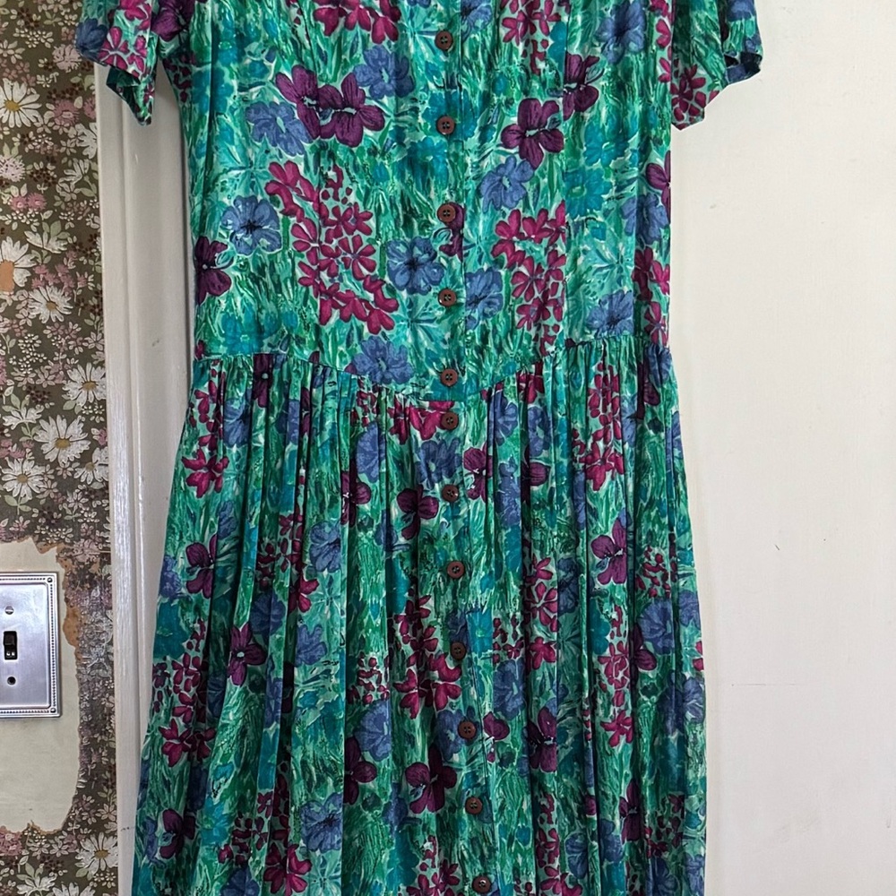 Pier 1 Green and Purple Midi Sundress with Flutter Sleeves